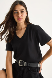 %100 Organik Pamuk Derin V Yakalı Comfort Fit T-Shirt 60602066 - Siyah T-SHİRT modelleri