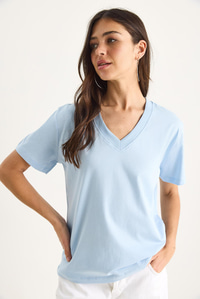 %100 Organik Pamuk Derin V Yakalı Comfort Fit T-Shirt 60602066 - Bebe Mavisi