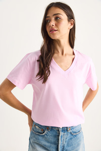 %100 Organik Pamuk Derin V Yakalı Comfort Fit T-Shirt 60602066 - Şeker Pembe