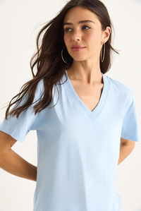 %100 Organik Pamuk Derin V Yakalı Comfort Fit T-Shirt 60602066 - Bebe Mavisi