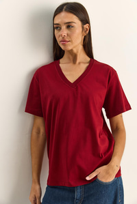 %100 Organik Pamuk Derin V Yakalı Comfort Fit T-Shirt 60602066 - Bordo T-SHİRT modelleri