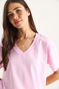 %100 Organik Pamuk Derin V Yakalı Comfort Fit T-Shirt 60602066 - Şeker Pembe