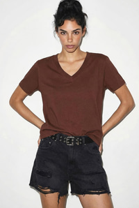 %100 Organik Pamuk Derin V Yakalı Comfort Fit T-Shirt 60602066 - Kahverengi T-SHİRT modelleri