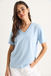 %100 Organik Pamuk Derin V Yakalı Comfort Fit T-Shirt 60602066 - Bebe Mavisi