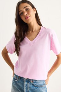%100 Organik Pamuk Derin V Yakalı Comfort Fit T-Shirt 60602066 - Şeker Pembe