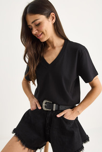 %100 Organik Pamuk Derin V Yakalı Comfort Fit T-Shirt 60602066 - Siyah T-SHİRT modelleri