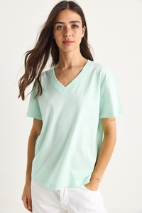 %100 Organik Pamuk Derin V Yakalı Comfort Fit T-Shirt 60602066 - Su Yeşili