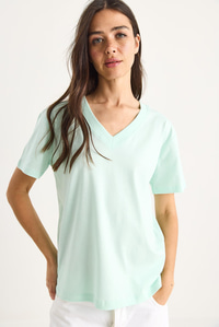%100 Organik Pamuk Derin V Yakalı Comfort Fit T-Shirt 60602066 - Su Yeşili