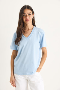 %100 Organik Pamuk Derin V Yakalı Comfort Fit T-Shirt 60602066 - Bebe Mavisi