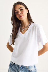 %100 Organik Pamuk Derin V Yakalı Comfort Fit T-Shirt 60602066 - Beyaz T-SHİRT modelleri