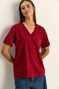 %100 Organik Pamuk Derin V Yakalı Comfort Fit T-Shirt 60602066 - Bordo T-SHİRT modelleri