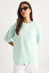 %100 Organik Pamuk Oversize Basic T-Shirt 60602065 - Su Yeşili