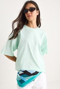 %100 Organik Pamuk Oversize Basic T-Shirt 60602065 - Su Yeşili