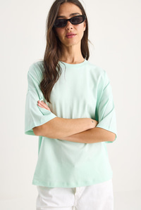 %100 Organik Pamuk Oversize Basic T-Shirt 60602065 - Su Yeşili