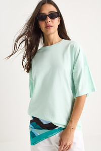 %100 Organik Pamuk Oversize Basic T-Shirt 60602065 - Su Yeşili