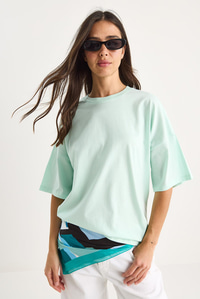 %100 Organik Pamuk Oversize Basic T-Shirt 60602065 - Su Yeşili