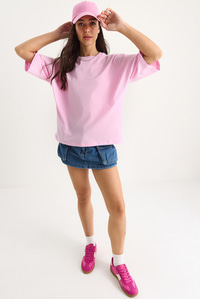 %100 Organik Pamuk Oversize Basic T-Shirt 60602065 - Şeker Pembe