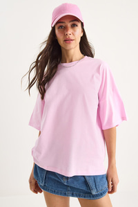 %100 Organik Pamuk Oversize Basic T-Shirt 60602065 - Şeker Pembe