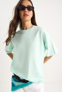 %100 Organik Pamuk Oversize Basic T-Shirt 60602065 - Su Yeşili