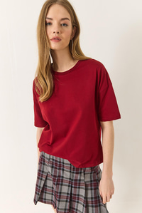 %100 Organik Pamuk Relaxed Fit Yırtmaçlı Yuvarlak Yakalı T-Shirt 60602050 - Bordo