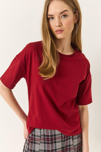 %100 Organik Pamuk Relaxed Fit Yırtmaçlı Yuvarlak Yakalı T-Shirt 60602050 - Bordo