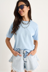 %100 Organik Pamuk Relaxed Fit Yırtmaçlı Yuvarlak Yakalı T-Shirt 60602050 - Mavi