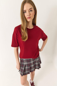 %100 Organik Pamuk Relaxed Fit Yırtmaçlı Yuvarlak Yakalı T-Shirt 60602050 - Bordo