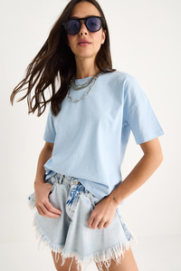 %100 Organik Pamuk Relaxed Fit Yırtmaçlı Yuvarlak Yakalı T-Shirt 60602050 - Mavi