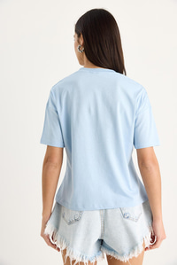 %100 Organik Pamuk Relaxed Fit Yırtmaçlı Yuvarlak Yakalı T-Shirt 60602050 - Mavi
