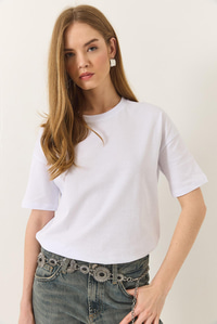 %100 Organik Pamuk Relaxed Fit Yırtmaçlı Yuvarlak Yakalı T-Shirt 60602050 - Beyaz
