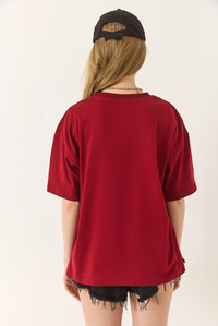 %100 Organik Pamuk Relaxed Fit Yırtmaçlı Yuvarlak Yakalı T-Shirt 60602047 - Bordo
