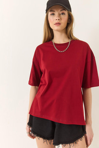 %100 Organik Pamuk Relaxed Fit Yırtmaçlı Yuvarlak Yakalı T-Shirt 60602047 - Bordo