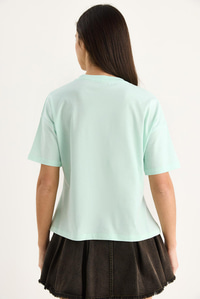 %100 Organik Pamuk Relaxed Fit Yırtmaçlı Yuvarlak Yakalı T-Shirt 60602050 - Mint Yeşili