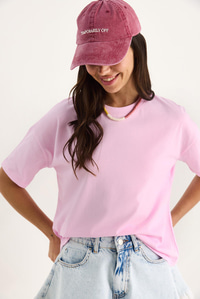 %100 Organik Pamuk Relaxed Fit Yırtmaçlı Yuvarlak Yakalı T-Shirt 60602050 - Pembe