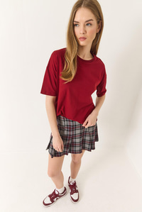 %100 Organik Pamuk Relaxed Fit Yırtmaçlı Yuvarlak Yakalı T-Shirt 60602050 - Bordo