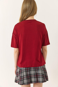 %100 Organik Pamuk Relaxed Fit Yırtmaçlı Yuvarlak Yakalı T-Shirt 60602050 - Bordo