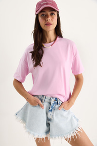 %100 Organik Pamuk Relaxed Fit Yırtmaçlı Yuvarlak Yakalı T-Shirt 60602050 - Pembe