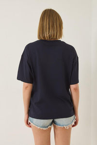 %100 Organik Pamuk Relaxed Fit Yırtmaçlı Yuvarlak Yakalı T-Shirt 60602047 - Lacivert