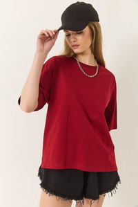 %100 Organik Pamuk Relaxed Fit Yırtmaçlı Yuvarlak Yakalı T-Shirt 60602047 - Bordo