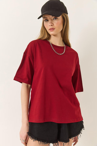 %100 Organik Pamuk Relaxed Fit Yırtmaçlı Yuvarlak Yakalı T-Shirt 60602047 - Bordo