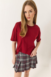 %100 Organik Pamuk Relaxed Fit Yırtmaçlı Yuvarlak Yakalı T-Shirt 60602050 - Bordo