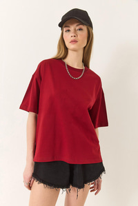 %100 Organik Pamuk Relaxed Fit Yırtmaçlı Yuvarlak Yakalı T-Shirt 60602047 - Bordo