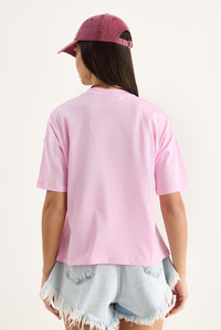 %100 Organik Pamuk Relaxed Fit Yırtmaçlı Yuvarlak Yakalı T-Shirt 60602050 - Pembe