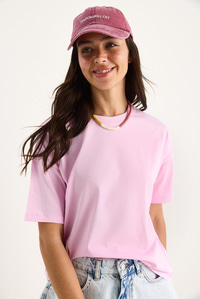 %100 Organik Pamuk Relaxed Fit Yırtmaçlı Yuvarlak Yakalı T-Shirt 60602050 - Pembe