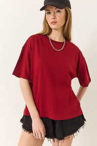 %100 Organik Pamuk Relaxed Fit Yırtmaçlı Yuvarlak Yakalı T-Shirt 60602047 - Bordo