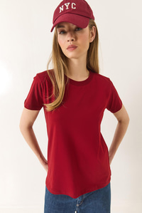 %100 Organik Pamuklu Comfort Fit Arkası Uzun Basic T-shirt 60602049 - Bordo