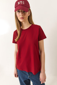 %100 Organik Pamuklu Comfort Fit Arkası Uzun Basic T-shirt 60602049 - Bordo