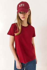 %100 Organik Pamuklu Comfort Fit Arkası Uzun Basic T-shirt 60602049 - Bordo
