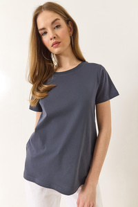 %100 Organik Pamuklu Comfort Fit Arkası Uzun Basic T-shirt 60602049 - Antrasit