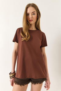 %100 Organik Pamuklu Comfort Fit Arkası Uzun Basic T-shirt 60602049 - Kahve